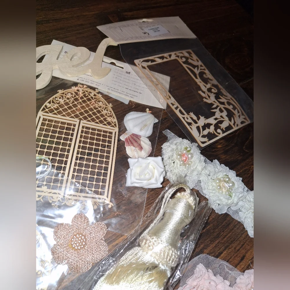Craft Supplies Wooden Art Mixed Media  Flowers Ribbon Chipboard Jewelry Lace Box